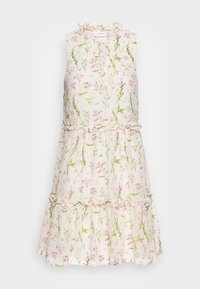 Floral dress with ruffled neckline and tiers. White fabric featuring pink and green flower patterns. Sleeveless and knee-length design.