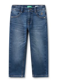 Modré dětské rovné džíny s předními kapsami, poutky na opasek, zapínáním na knoflík a s bledými detaily.