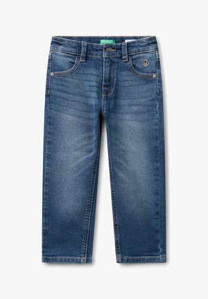 Jeans rectos azules para niños con bolsillos frontales, trabillas para cinturón, cierre de botón y detalles deslavados.