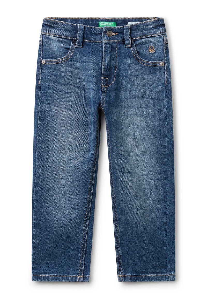 Modré dětské rovné džíny s předními kapsami, poutky na opasek, zapínáním na knoflík a s bledými detaily.