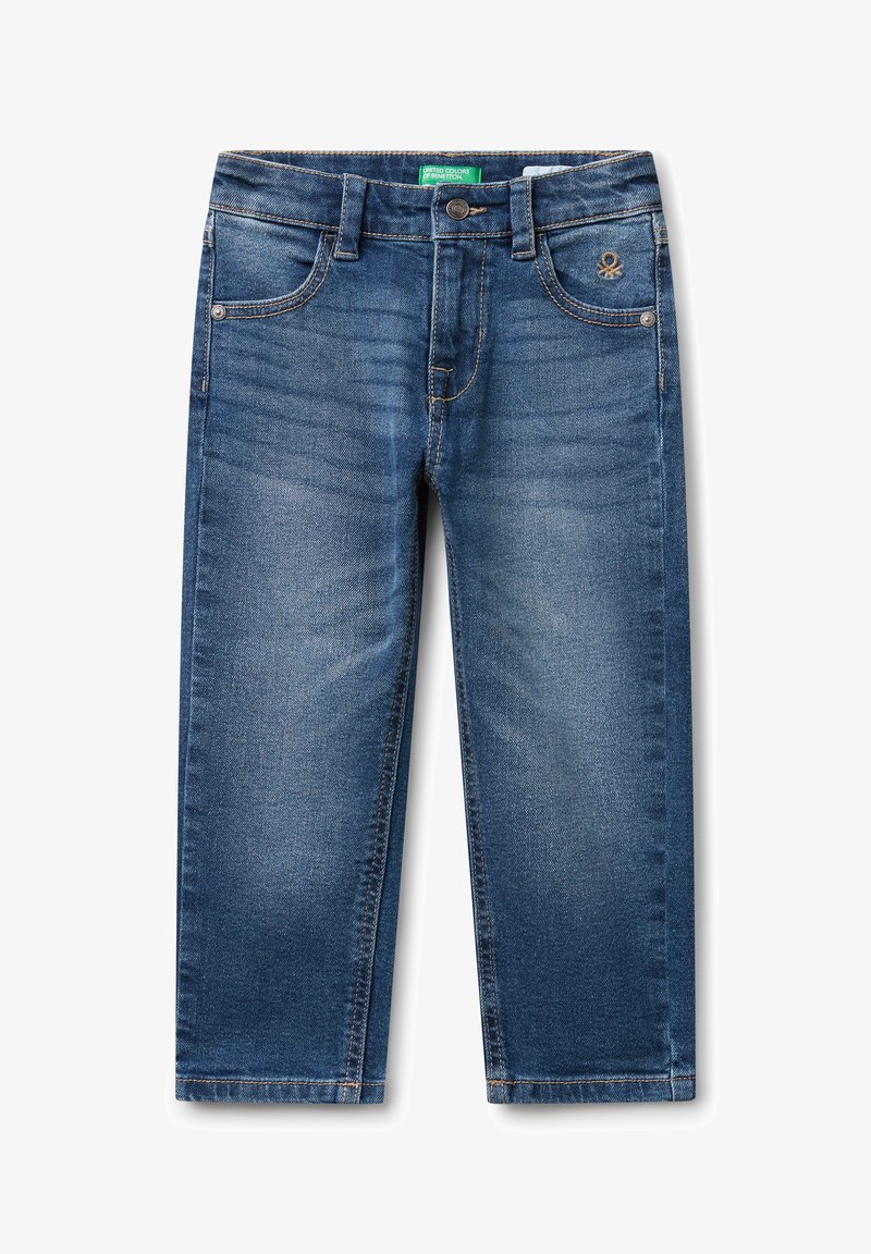 Modré dětské rovné džíny s předními kapsami, poutky na opasek, zapínáním na knoflík a s bledými detaily.