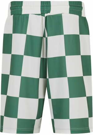 Green and white checkered athletic shorts with an elastic waistband. Made from breathable fabric, featuring a grid pattern across the surface.