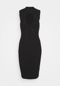 Robe noire sans manches en tricot avec un col haut, dotée d'une découpe à l'avant et de détails de couture subtils qui mettent en valeur la silhouette.