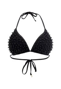 Black bikini top with triangular cups, embellished with glossy, black beads. Features halter ties and a bottom band with adjustable ties.