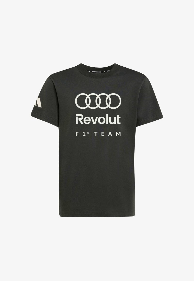 T-shirt noir en coton à manches courtes. Présente les anneaux blancs Audi, ainsi que les inscriptions "Revolut" et "F1 TEAM" imprimées sur le devant. Col rond classique.