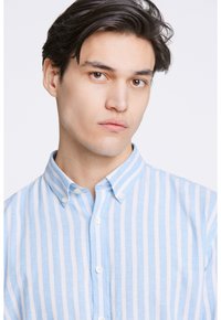 Camisa de botones a rayas azul claro y blanca con cuello clásico. Confeccionada en tejido suave, presenta pequeños botones y un corte relajado.