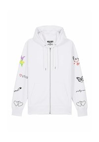 Felpa bianca con zip e cappuccio, con coulisse, caratterizzata da grafiche colorate di fiori, farfalle e scritte sulle maniche. Tessuto morbido in misto cotone.