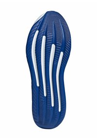 Semelle de chaussure en caoutchouc bleue avec des motifs texturés et des lignes blanches, présentant des rainures pour l'adhérence et la flexibilité. Conçue pour le confort et le soutien.