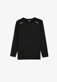 Camisa negra de manga larga hecha de tejido suave, con detalles reflectantes en los hombros y un escote redondo. Diseño sencillo con corte recto.