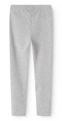 Leggings grigi a coste con vita elasticizzata e design aderente, che mostrano una texture morbida e una leggera variazione di colore.