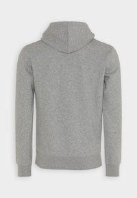 Grauer Kapuzenpullover aus einem Baumwollmischgewebe, mit langen Ärmeln und einer Kängurutasche, sanfter Textur und minimaler Detailgestaltung.