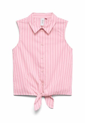 Mouwloos roze overhemd met knopen, verticale strepen en een voorstrik aan de zoom, met klassieke kraag.