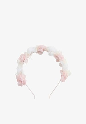 Bandeau flexible orné de fleurs en tissu alternant rose pâle et blanc, avec de délicats accents blancs.
