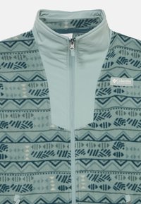 Lyseblå mønstret fleecejakke med geometriske design, hel glidelås, ståkrage og Columbia Sportswear Company-logo på brystet.