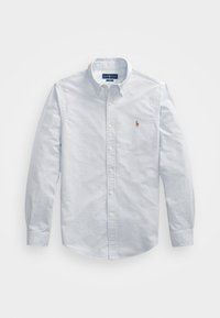 Hellblau-weiß gestreiftes Hemd mit langen Ärmeln und Knopfleiste. Verfügt über einen spitzen Kragen, Knopfmanschetten und ein kleines besticktes Logo in der Nähe der Brust.