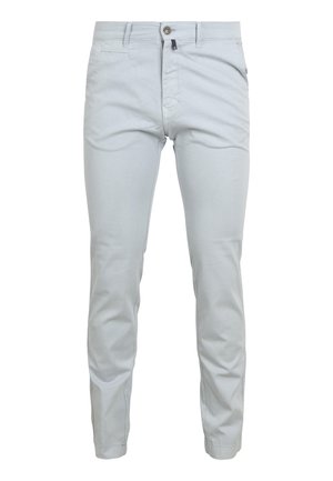 Hellgraue Hose aus Baumwollmischung, mit schmaler Passform, Knopfverschluss, fünf Taschen und dezenten Stickdetails.