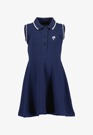 Marineblauwe polo jurk met korte mouwen, witte bies, drieknoopsluiting en palmboom borduursel op de borst, uitlopende rok.