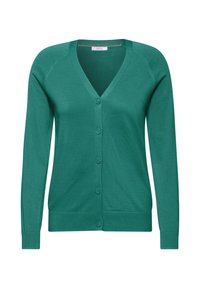 Groene cardigan met een V-hals, lange mouwen en knoopsluiting. Zachte textuur en geribbelde accenten op de manchetten en de zoom. Eenvoudig ontwerp.