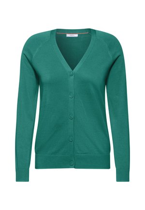 Cárdigan verde con escote en V, mangas largas y cierre de botones. Textura suave y detalles acanalados en los puños y el dobladillo. Diseño sencillo.