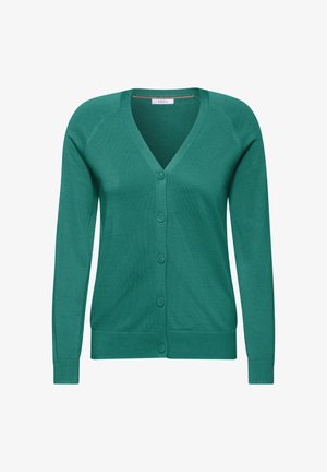 Gilet vert avec un col en V, des manches longues et une fermeture à boutons. Texture lisse et accents côtelés sur les poignets et l'ourlet. Design simple.