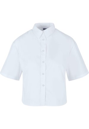 Balta trumpa mygtukų marškiniai su trumpomis rankovėmis, turintys klasikinį apykaklę ir perlų efektą turinčius mygtukus, pagaminti iš lygaus audinio.