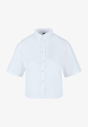 Balta trumpa mygtukų marškiniai su trumpomis rankovėmis, turintys klasikinį apykaklę ir perlų efektą turinčius mygtukus, pagaminti iš lygaus audinio.