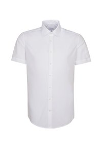 Camicia bianca a maniche corte, in misto cotone, colletto a punta, chiusura frontale con bottoni, texture liscia e orlo dritto.
