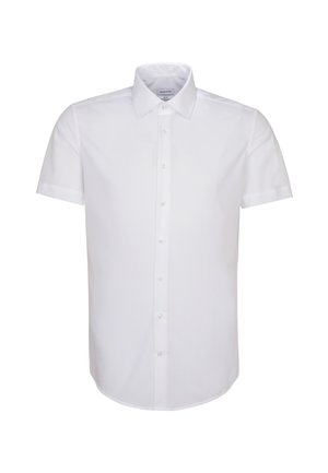 Koszula męska z krótkim rękawem, biała, wykonana z mieszanki bawełny, z kołnierzykiem w kształcie punktu, zapięcie na guziki z przodu, gładka tekstura i prosto zakończony dół.