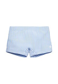 Bañadores a rayas azules y blancas con una cinturilla cómoda, que presentan una textura suave y una longitud corta, aptos para actividades acuáticas.