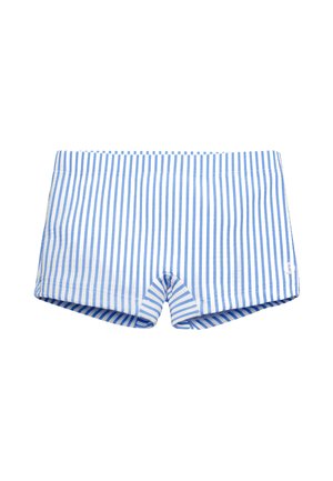 Bañadores a rayas azules y blancas con una cinturilla cómoda, que presentan una textura suave y una longitud corta, aptos para actividades acuáticas.