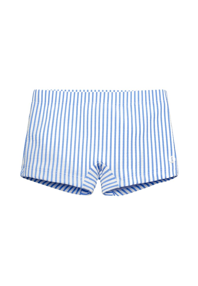 Bañadores a rayas azules y blancas con una cinturilla cómoda, que presentan una textura suave y una longitud corta, aptos para actividades acuáticas.