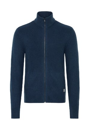 Adīts tumši zilas krāsas džemperis ar rāvējslēdzēju, augstu apkakli, ribotu tekstūru un sānu kabatām. Pabeigts ar metāla rāvējslēdzēju un logotipa birku.