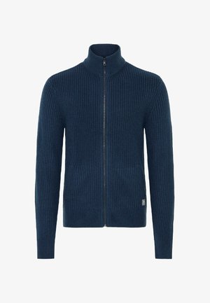 Adīts tumši zilas krāsas džemperis ar rāvējslēdzēju, augstu apkakli, ribotu tekstūru un sānu kabatām. Pabeigts ar metāla rāvējslēdzēju un logotipa birku.