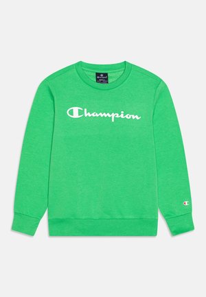 Helles grünes Sweatshirt mit langen Ärmeln, weißem "Champion"-Logo über der Brust und kleinem Champion-Emblem am linken Handgelenk