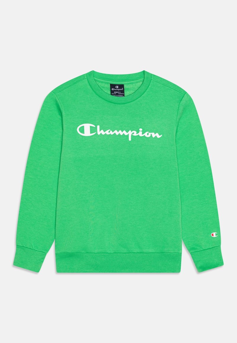 Sweatshirt vert vif à manches longues avec le logo "Champion" blanc sur la poitrine et un petit emblème Champion sur le poignet gauche.
