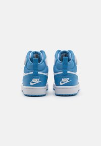 Blue and white Nike high-top sneakers with smooth leather and mesh materials, featuring a prominent logo and padded collar for support.