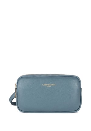 Blue leather pouch with a textured finish, gold hardware, zip closure, and a wrist strap. Brand logo embossed on the front.