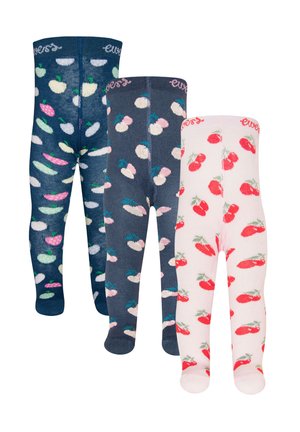 Drei Paar Kinderstrumpfhosen in verschiedenen Farben und Mustern; dunkelblau mit Früchten, marineblau mit pastellfarbigen Formen und weiß mit roten Kirschen.