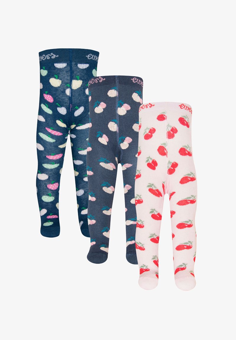 Three pairs of children's tights in various colors and patterns; dark blue with fruit, navy with pastel shapes, and white with red cherries.
