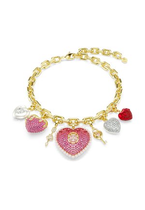 Gouden ketting met meerdere hartvormige bedels in roze, rood en zilver, versierd met diverse edelstenen en emailaccenten.