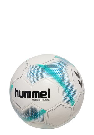 Hvid fodbold med hexagonale paneler, der har turkise og blå diagonale striber, samt et sort "hummel" logo. Tekstureret overflade for bedre greb.