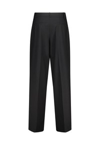 Black trousers with a straight cut, featuring a smooth texture, two back pockets, and a button closure at the waist.