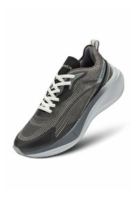 Czarne i szare buty sportowe z teksturowaną cholewką, białymi sznurówkami, wyściełaną podeszwą i zakrzywionymi krawędziami. Logo jest wyraźnie widoczne po bokach.