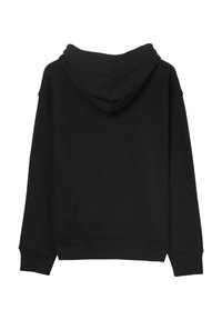 Schwarzer Kapuzenpullover mit gerippten Bündchen und Saum, weichem Stoff und entspannter Passform. Klassische Rückansicht, die die Kapuze zeigt.