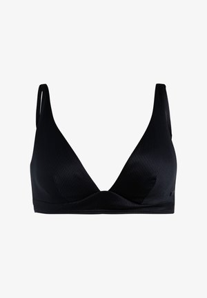 Μαύρο ριγωτό τρίγωνο σουτιέν με λεπτές ρυθμιζόμενες τιράντες και απρόσκοπτο σχέδιο, που διαθέτει μια διακριτική λεπτομέρεια λογότυπου στο κέντρο.