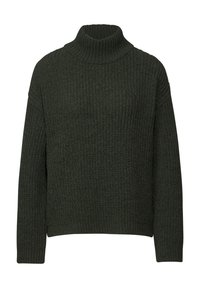 Maglione a collo alto in maglia verde scuro, a coste, con maniche lunghe e vestibilità rilassata. La trama tessuta offre un aspetto accogliente.