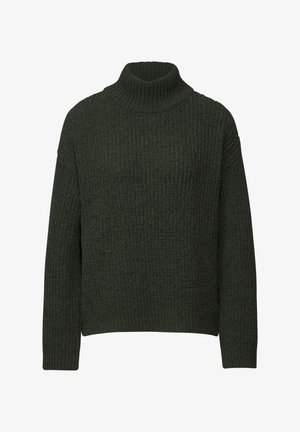 Maglione a collo alto in maglia verde scuro, a coste, con maniche lunghe e vestibilità rilassata. La trama tessuta offre un aspetto accogliente.