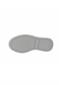 Suola di scarpa in gomma bianca con design piatto, caratterizzata da un motivo a zigzag per la trazione e un bordo liscio. Resistente e ampia per una maggiore stabilità.