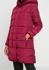 Bordeauxfarbene Daunenjacke mit Kapuze, mit einem gesteppten Design, Reißverschlusstaschen und langen Ärmeln. Hergestellt aus glattem, isoliertem Stoff.
