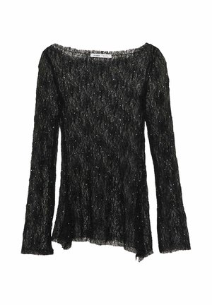 Blusa nera in pizzo con una vestibilità morbida, maniche lunghe e scollatura ampia. Presenta un motivo testurizzato e sottili accenti di glitter in tutto il capo.
